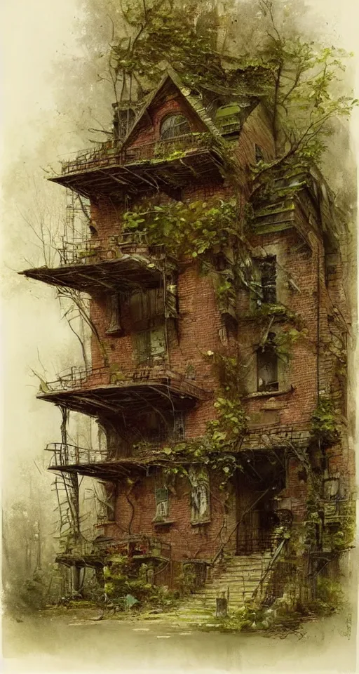 Image similar to (((((a ramshackle manhattan brick brownstone deep in the forest, completely overgrown))))) by Jean-Baptiste Monge!!!!!!!!!!!!!!!!!!!!!!!!!!!