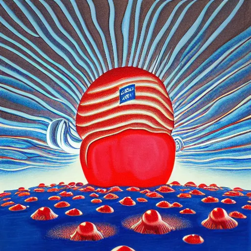 Prompt: detailed painting of a red, white and blue nuclear explosion in a city on the fourth of july in the style of m. c. escher, junji ito and beeple, patriotic, mushroom cloud, american flag, 8 k resolution, metal shaded