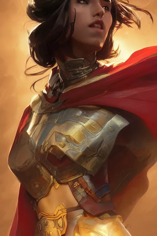 Prompt: portrait of Tomboy Queen, superhero cape, DnD, fantasy, highly detailed, beautiful face, realistic body structure, digital painting, artstation, smooth, sharp focus, illustration, art by artgerm and greg rutkowski and alphonse mucha