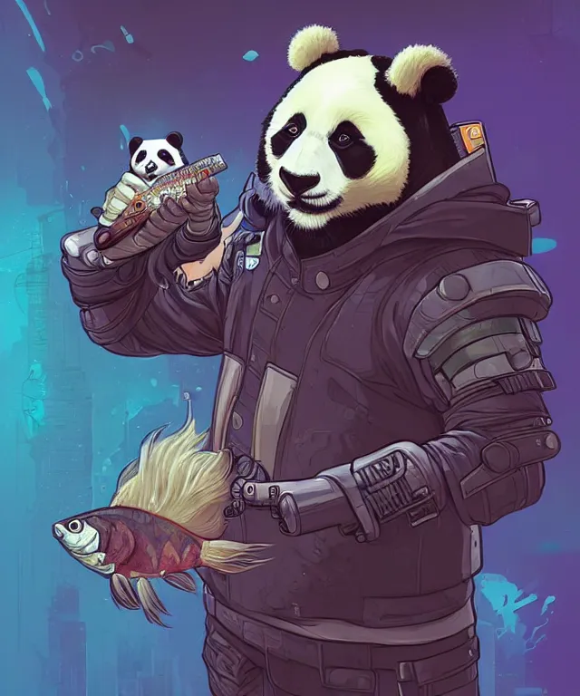 Image similar to a portrait of a cyberpunk panda holding a fish, fantasy, elegant, digital painting, artstation, concept art, matte, sharp focus, illustration, art by josan gonzalez