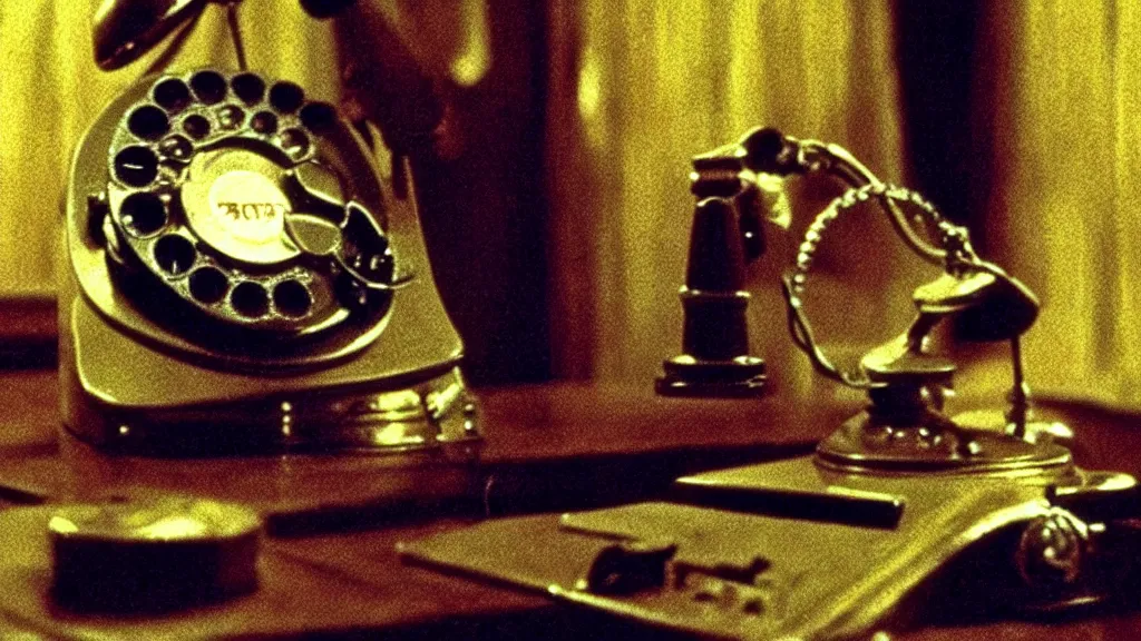 Image similar to the strange creature talks on the rotary phone, made of blood, film still from the movie directed by Denis Villeneuve with art direction by Salvador Dalí, wide lens