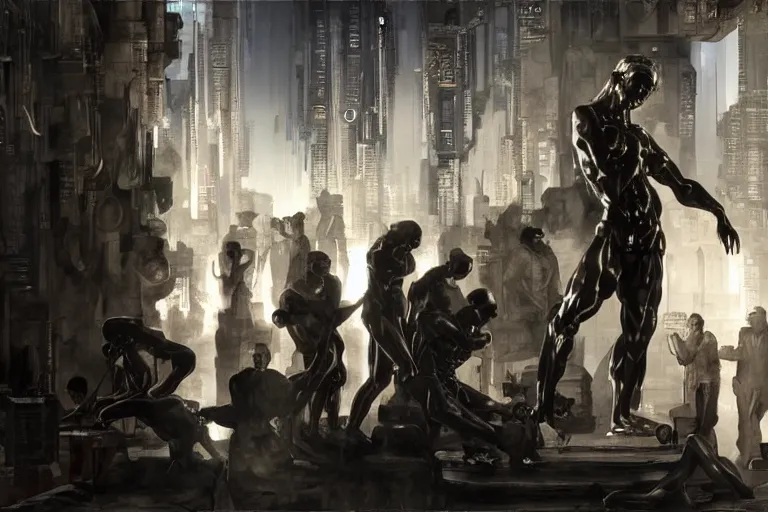 Image similar to Very Highly Detailed Elimination of humanity, very highly detailed face's and body's. Digital concept art by Caravaggio, Details by Michelangelo, cyan dimensional light, , Cyberpunk city as Background by Hiromasa Ogura