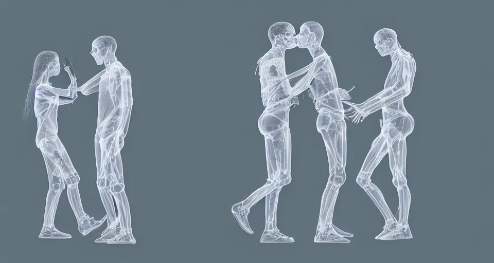 Image similar to xray photos of bionic couples kissing each other, octane render, concept art, realistic, high details, art by hsiao - ron cheng and james jean highly detailed, intricate detail, unreal engine, octane render