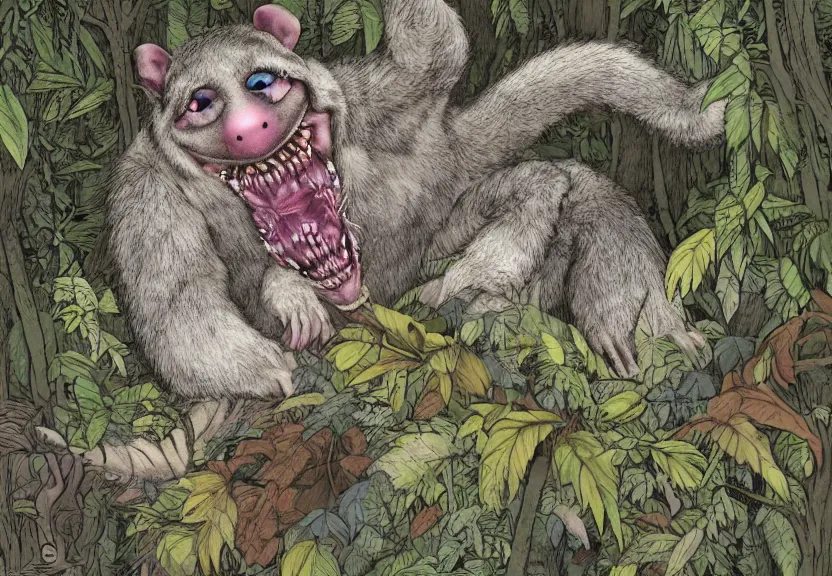 Prompt: possum monster hidden in the forest, colorized, highly detailed, 4k, trending on Artstation, award-winning, art by Maurice Sendak