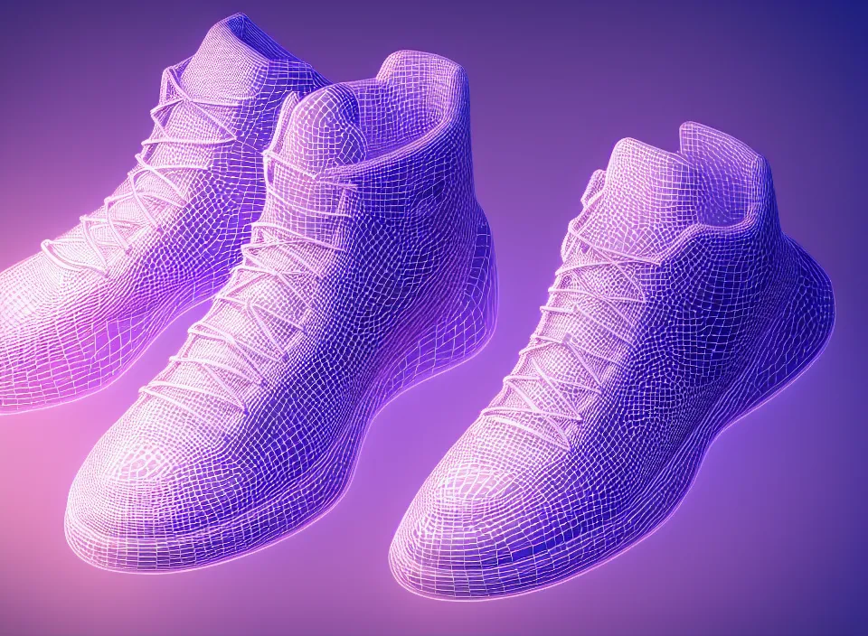 Prompt: realistic 3 d render of a futuristic sneaker, beautiful studio lighting, soft, sharp focus, neon glowing lines, intricate detail, purple and blue leather, soft white rubber, shiny plastic, hexagon mesh, gold filigree, octane render, side view, close up, trending on artstation, deviantart, asics, salomon