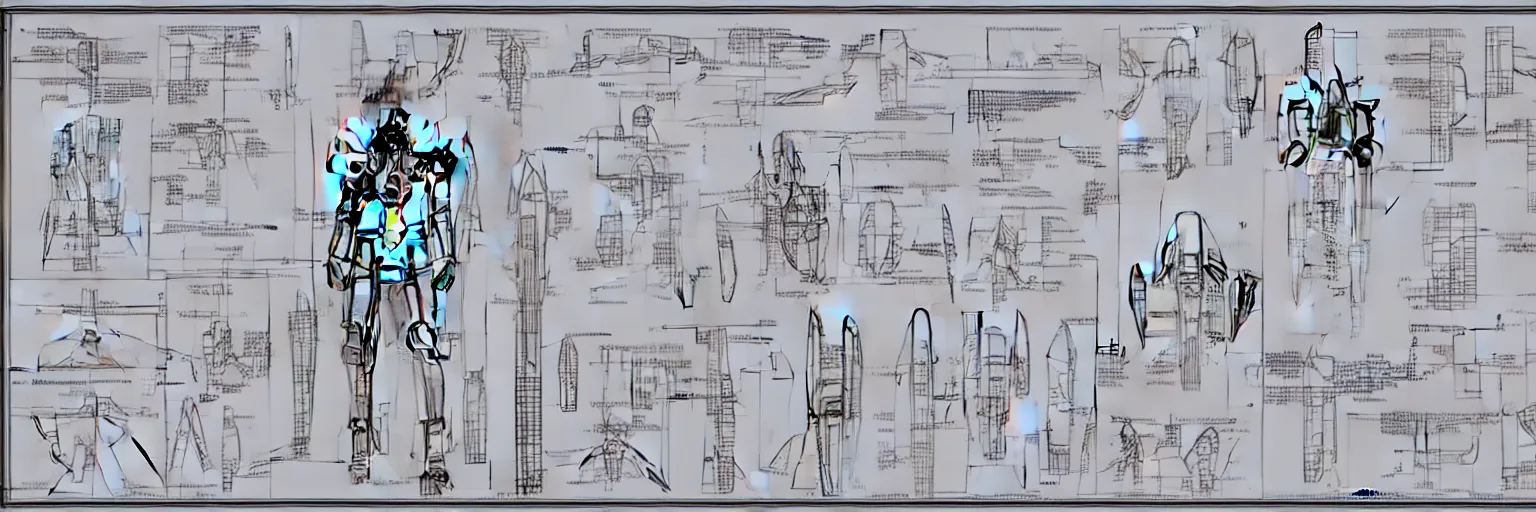 Image similar to highly detailed schematic, technical drawing, GUNDAM frame, parts, annotations