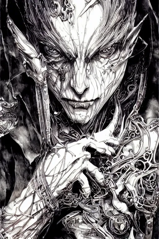 Image similar to vampire cyborg , pen and ink, intricate line drawings, by Yoshitaka Amano, Ruan Jia, Kentaro Miura, Artgerm, watercolor