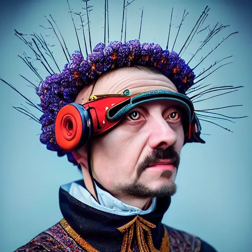 Image similar to Colour Caravaggio and Leonardo da Vinci style full body portrait Photography of Highly detailed Man wearing detailed Ukrainian folk costume designed by Taras Shevchenko with 1000 years perfect face wearing highly detailed retrofuturistic VR headset designed by Josan Gonzalez. Many details In style of Josan Gonzalez and Mike Winkelmann and andgreg rutkowski and alphonse muchaand and Caspar David Friedrich and Stephen Hickman and James Gurney and Hiromasa Ogura. Rendered in Blender and Octane Render volumetric natural light