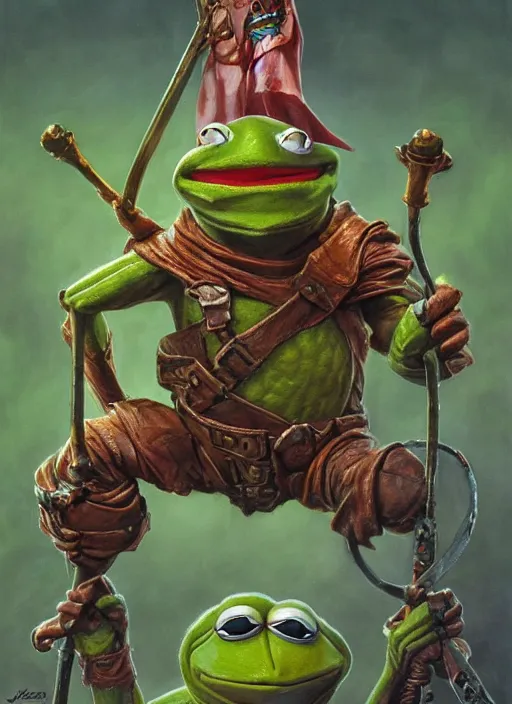 Image similar to portrait of kermit the frog in masters of the universe ( 1 9 8 7 ), highly detailed, centered, solid color background, digital painting, artstation, concept art, smooth, sharp focus, illustration, artgerm, donato giancola, joseph christian leyendecker, les edwards, ed repka, wlop, artgerm