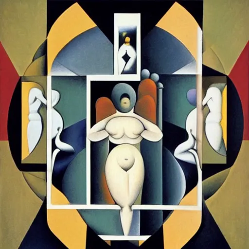 Image similar to graphic design exciting by juan gris. the body art shows venus seated on a crescent moon. she is surrounded by the goddesses ceres & bacchus, who are both holding cornucopias.