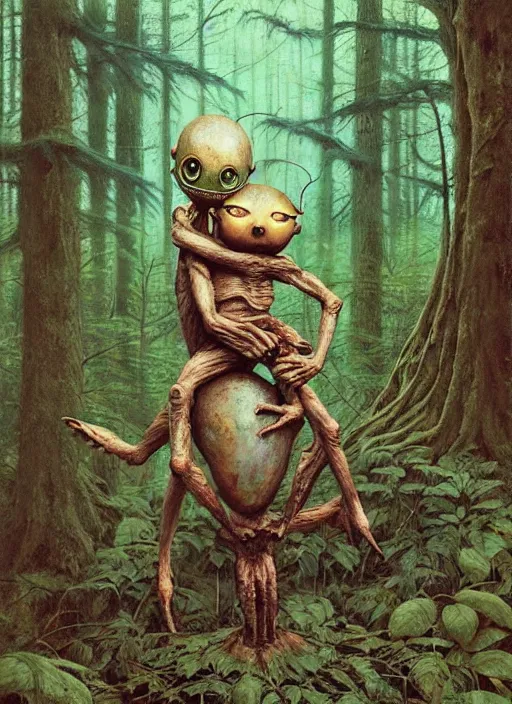 Prompt: cuddly friendly alien in the woods by a river gorgeous lighting, lush forest foliage blue sky a hyper realistic painting by chiara bautista and beksinski and norman rockwell and greg rutkowski, weta studio, and lucasfilm