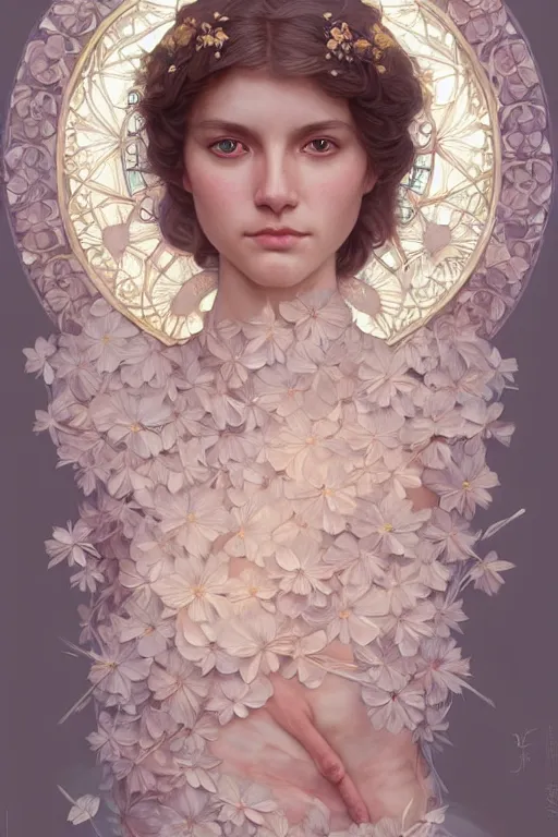 Image similar to symmetry!! full body portrait!!!! of a beautiful!!!! delicate elegant nordic shield maiden, pretty face!!!!, flower petals, intricate, elegant, highly detailed, digital painting, artstation, concept art, smooth, sharp focus, illustration, art by artgerm and greg rutkowski and alphonse mucha, 8 k