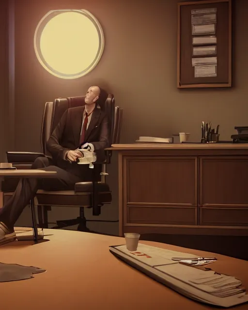 Image similar to artstation scifi scene of a weasel in suits drinking tea ， in a shabby lawyer office, wooden furnitures summer unreal engine 5, hyper realism, realistic shading, cinematic composition, blender render, octane render, hdr, detailed textures, photorealistic, wide shot