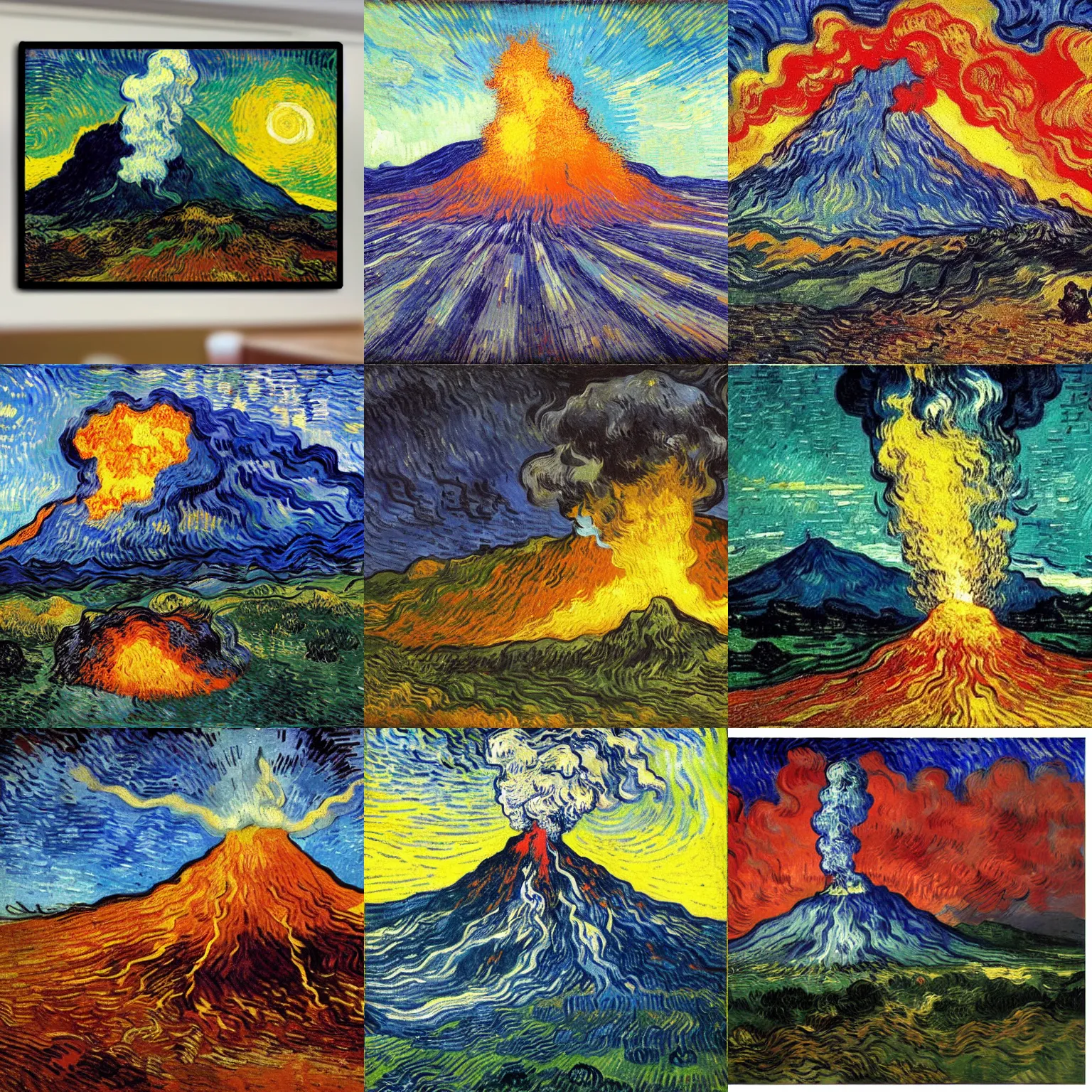 Prompt: volcano eruption, plumes of smoke and ash, rays of sunlight, dramatic lighting, dynamic view, by vincent van gogh, oil painting, masterpiece