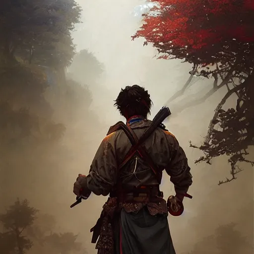 Image similar to Hyper realistic detailed portrait of Kurdish samurai, Stephen Bliss, unreal engine, fantasy art by Greg Rutkowski, Loish, Rhads, ferdinand knab, Makoto Shinkai and Lois van baarle, ilya kuvshinov, rossdraws, Tom Bagshaw, alphonse mucha, global illumination, radiant light, detailed and intricate environment, highly detailed, award winning art