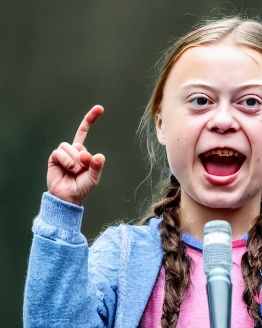 Prompt: film still close - up shot of greta thunberg giving a speech in a train station eating raw meat smiling its. photographic, photography