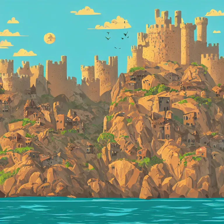 Image similar to in the style of petros afshar, art of a medieval castle and bustling town floating on top of a giant rock next to a beach and a clear blue sea mountain range