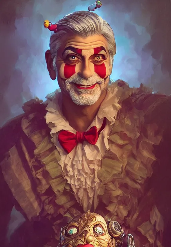 Image similar to yee yee a portrait of george clooney as a clown, fantasy, intricate, elegant, highly detailed, traditional painting, acrylic painting, artstation, concept art, matte, sharp focus, illustration, hearthstone, art by artgerm and greg rutkowski and alphonse mucha and alex ross