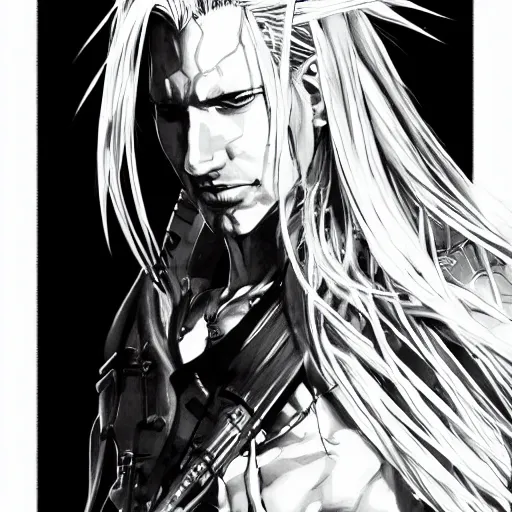 Prompt: cinematic portrait of sephiroth, artwork by yoji shinkawa, illustration, black and white, concept art, strong lines,, intricate details, trending on artstation