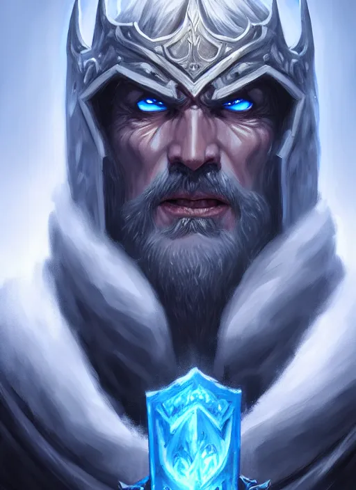 Image similar to portrait painting of lich king, acrylic, daz. detailed, portrait, oil painting, artstation, unreal 5, hd, artgerm, dnd, rpg