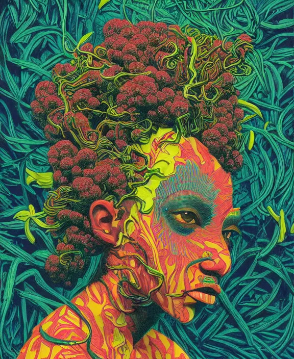 Image similar to afro medusa, exotic vegetation, tristan eaton, victo ngai, triadic color scheme, edward hopper, beksinski, nicola samori, hyperrealism, intricate detailed, risograph