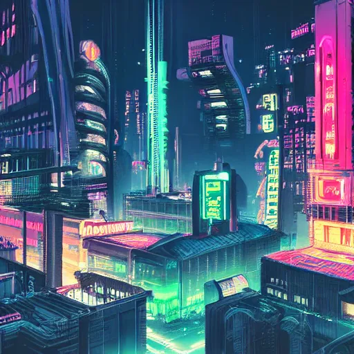 Image similar to Balcony view of a Cyberpunk city at night, architecture, detailed, neon lights and signs