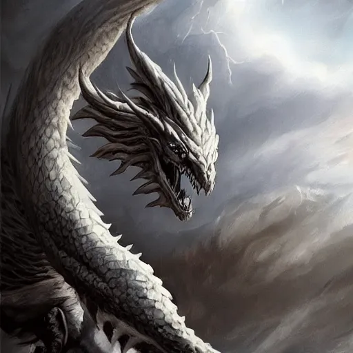 Prompt: adult white dragon head, muscular, massive wings, wide angle, greg rutkowski, drark, marvel comics, dark, plutus su, chris scalf, lucas graciano, billy christian, symmetrical, snowy mountains, small city, grey and gold color palette, painting, d & d, fantasy, storm clouds