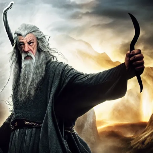 Image similar to Gandalf the Grey on the Bridge of Khazad Dum, a balrog looming in the background, Selfie