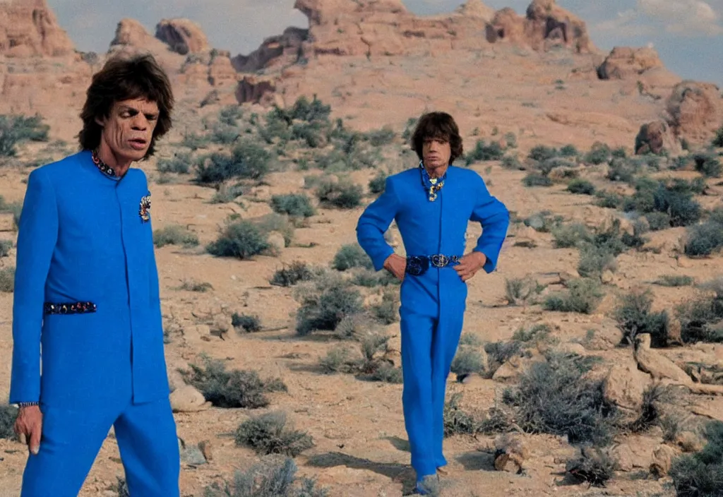 Image similar to mick jagger dressed in blue costume with jewels in a dry rocky desert landscape, with alien complex city and giant alien spaceship in the sky, by christopher doyle and alejandro jodorowsky, anamorphic lens, kodakchrome, cinematic composition, masterpiece, 8 k
