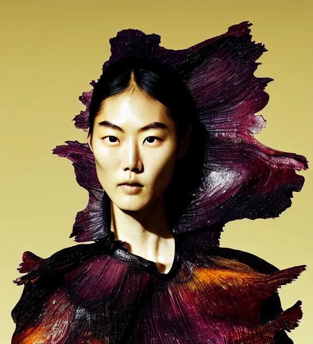 Image similar to photography facial portrait of liu wen, natural background, natural pose, wearing stunning cape by iris van herpen, with a colorfull makeup. highly detailed, skin grain detail, photography by paolo roversi, nick knight, helmut newton, avedon, araki