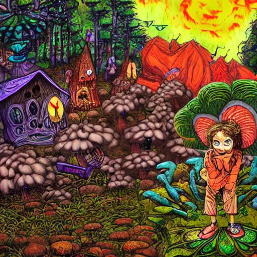 Image similar to Scary godlike fairy killing a frog ,detailed mushroom village in the background , Taras Shevchenko style, post-processing, fantasy , masterpiece , junji ito, painting , psychedelic colored