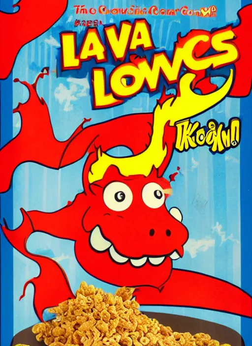 Prompt: lava - os cereal box front, cereal that tastes like lava, cartoon dragon mascot, 1 9 9 3