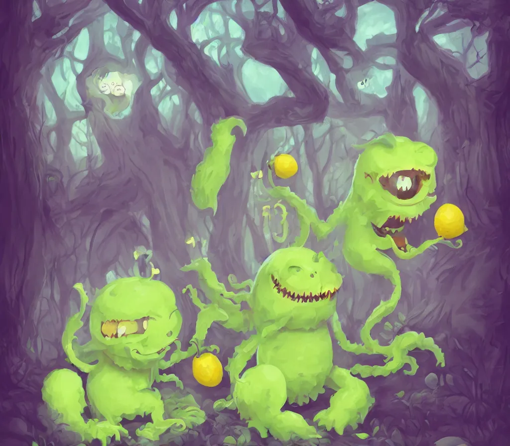 Prompt: a cute lemon monster with sharp teeth in a forest, heavenly, pastel, cute, dark, scary, eerie, trending on artstation, digital art.