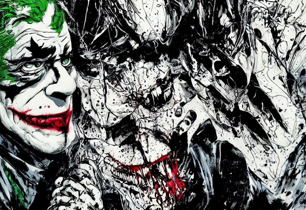 Prompt: The Joker facing off against Batman, by Ralph Steadman, highly detailed, sharp focus