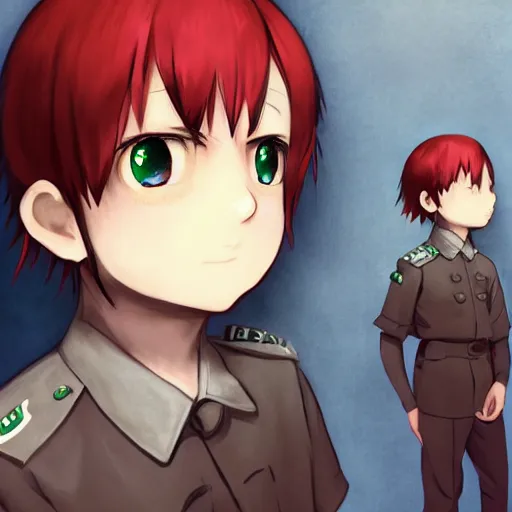 Prompt: beautiful little boy in nazi uniform posing. red, green, blue and gray pallet color. made in abyss art style, inspired by kris from deltarrune, cute detailed artwork, anatomically correct, soft details, ilya kuvshinov, reflection, perfect composition, portrait, illumination, digital art, detailed anime soft face