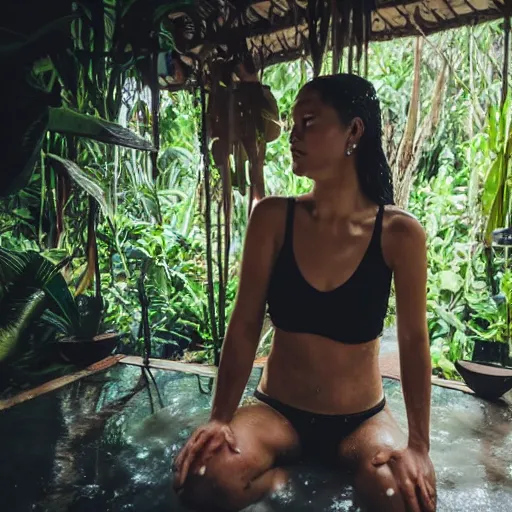 Image similar to 4 k hdr polaroid wide angle portrait of woman instagram models in a bali home in the jungle showering during a rainstorm shower in the jungle with moody overcast lighting