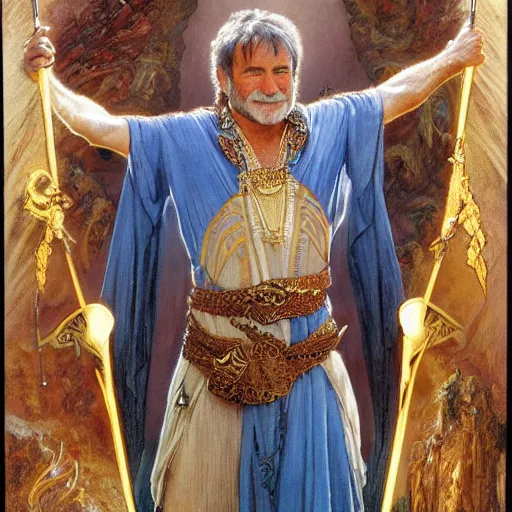 Prompt: an ultradetailed portrait of robin williams dressed as an djinn druid, standing heroically on top of a cliff, d & d, fantasy, intricate, elegant, highly detailed, digital painting, matte, sharp focus, illustration, god rays, art by john collier and albert aublet and krenz cushart and artem demura and alphonse mucha