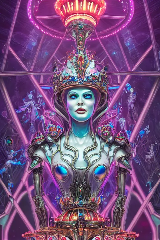 Prompt: ethereal cybernetic empress tsarina wearing futuristic sentient alien carousel crown in the fantasy amusement carnival, extremely detailed, sharp focus, wide view, full body shot, smooth, digital illustration, by dan mumford. james jean, by rossdraws, frank franzzeta, sakimichan