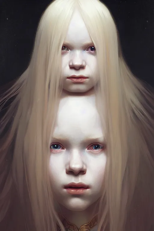 Image similar to Close-up portrait of young albino girl, long blonde hair, dark fantasy, portrait, highly detailed, digital painting, artstation, concept art, sharp focus, illustration, art by artgerm and greg rutkowski and alphonse mucha