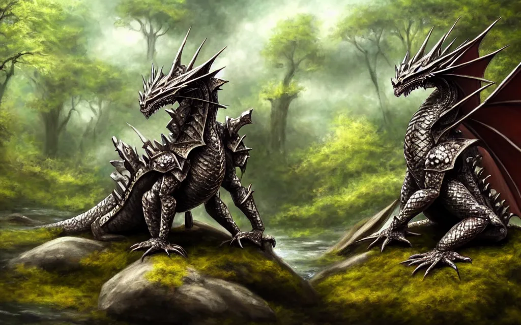 Image similar to One dragon dressed in armor sitting on a rock within a woodland creek, highly detailed, trending on pixiv, realistic oil paint artwork made in 2020.