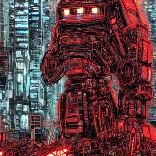 Prompt: Giant cyberpunk robot by Tsutomu Nihei , by Dan Mumford