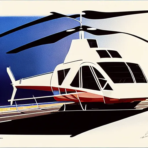 Image similar to concept art for bus + helicopter, painted by syd mead, high quality