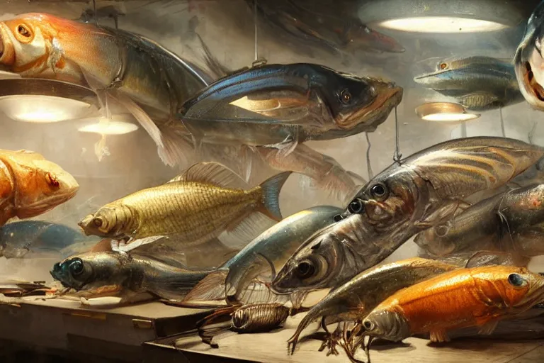 Image similar to fishmonger selling alien fishes by jean - baptiste monge, high quality, high resolution, 4 k, painted by cgsociety, rutkowski, gurney with ambient lighting, concept art, detailed, smooth, dynamic volumetric cinematic lighting, octane, raytrace