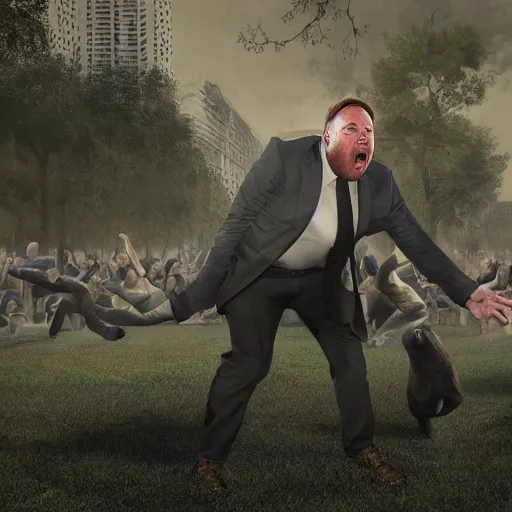 Image similar to hyperrealistic mixed media image of alex jones from info wars screaming in a public park, stunning 3 d render inspired art by istvan sandorfi and greg rutkowski, perfect facial symmetry, realistic, highly detailed attributes and atmosphere, dim volumetric cinematic lighting, 8 k octane extremely hyper - detailed render, post - processing, masterpiece,