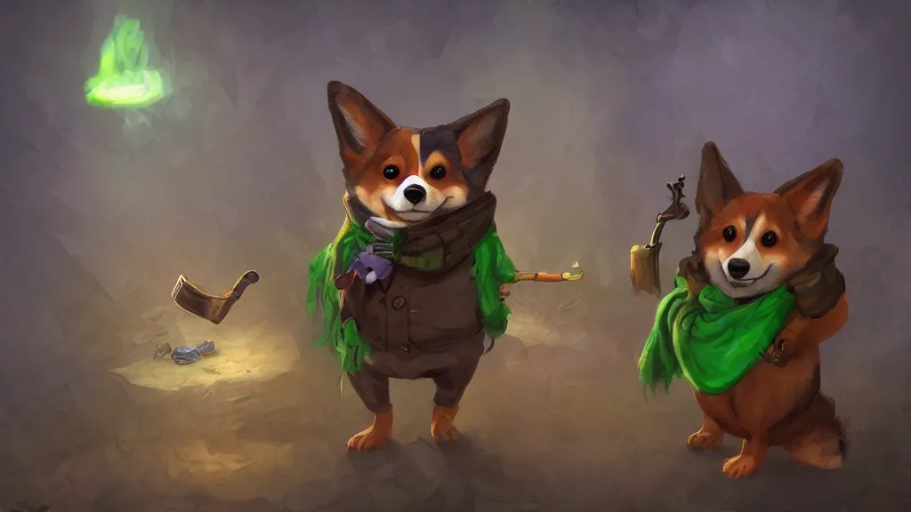 Prompt: An anthropomorphic corgi with a smoking pipe and a green scarf around his neck dressed as a wandering salesman in a fantasy setting, dreamscape, dramatic lighting, fantasy art illustration, trending on artstation, Aetherpunk