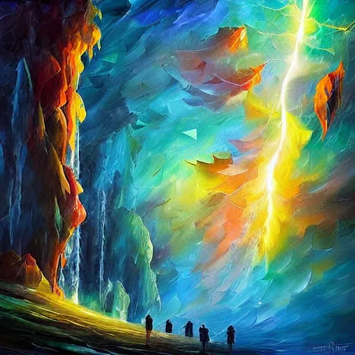 Image similar to village alien lightning art waterfall nature photography weird rich digital art airbush by android jones, leonid afremov, rob gonsalves, rhads, evgeny lushpin