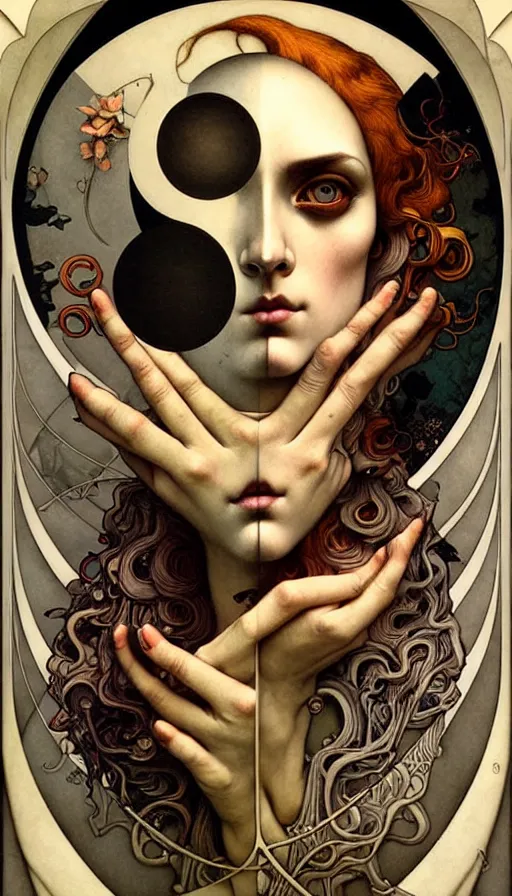 Image similar to M. C. Escher looking puzzled painted by tom bagshaw, mobius, mucha M. C. Escher, gold paint, ink, gnarly details