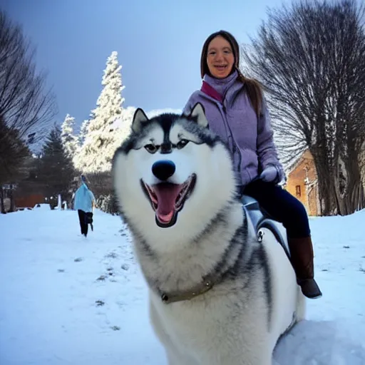 Prompt: girl riding a giant husky in the snowy town