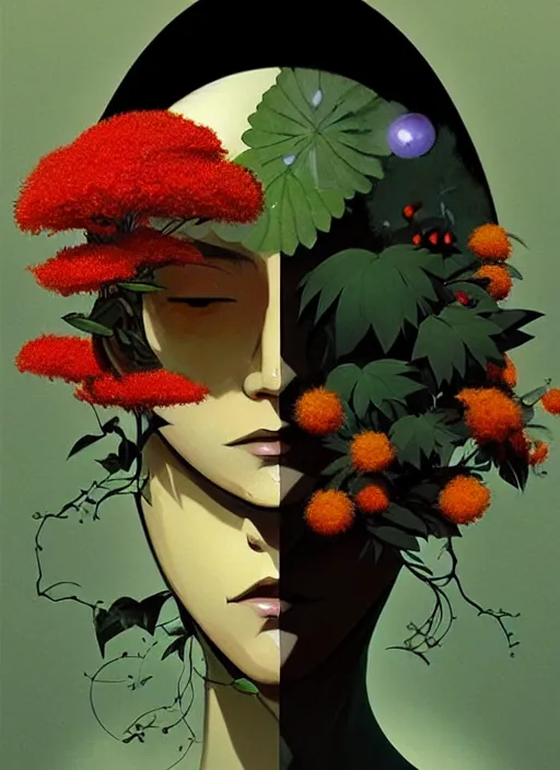 Prompt: flat surreal design by satoshi kon and greg rutkowski, a cyborg face in some plants with flowers and berries for a face, 6 0's retro sci - fi art