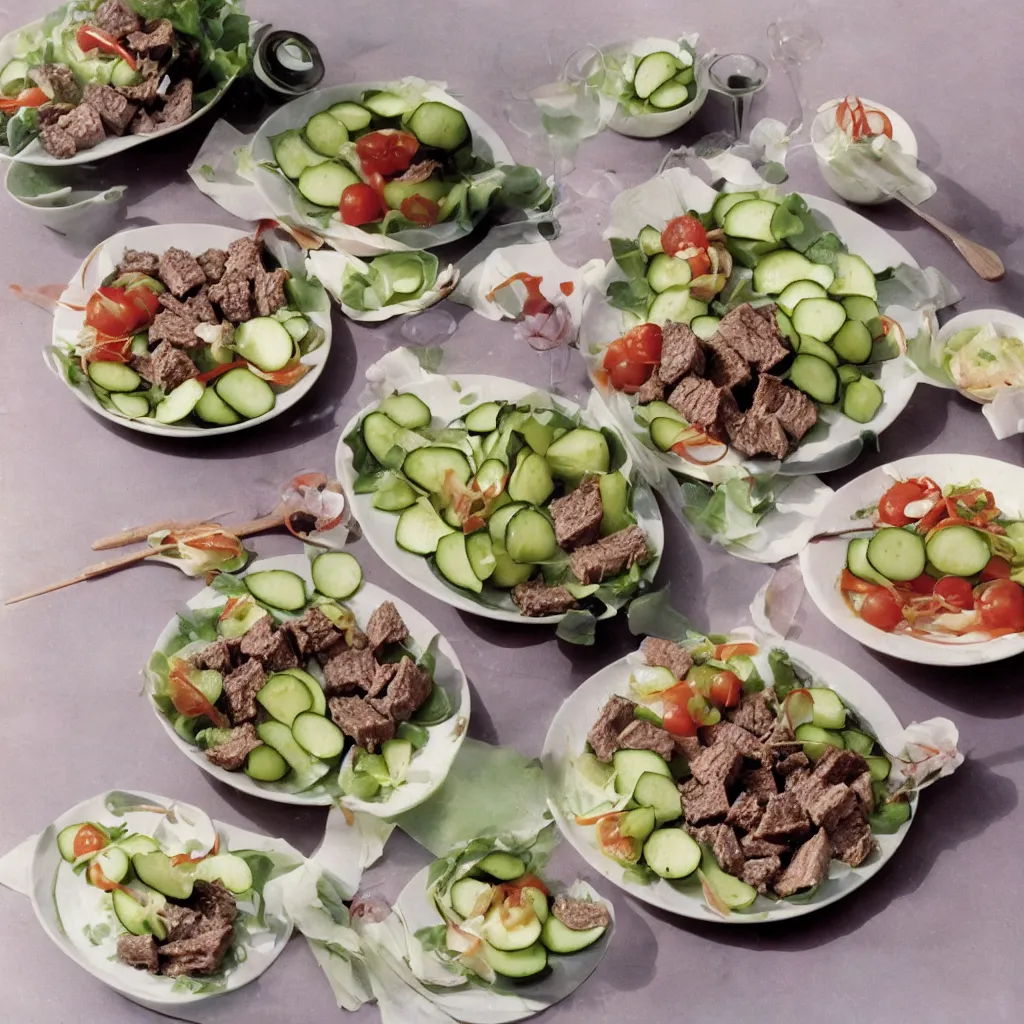 Prompt: a dreamy photo of beef salad and pickled cucumber cakes, 1976